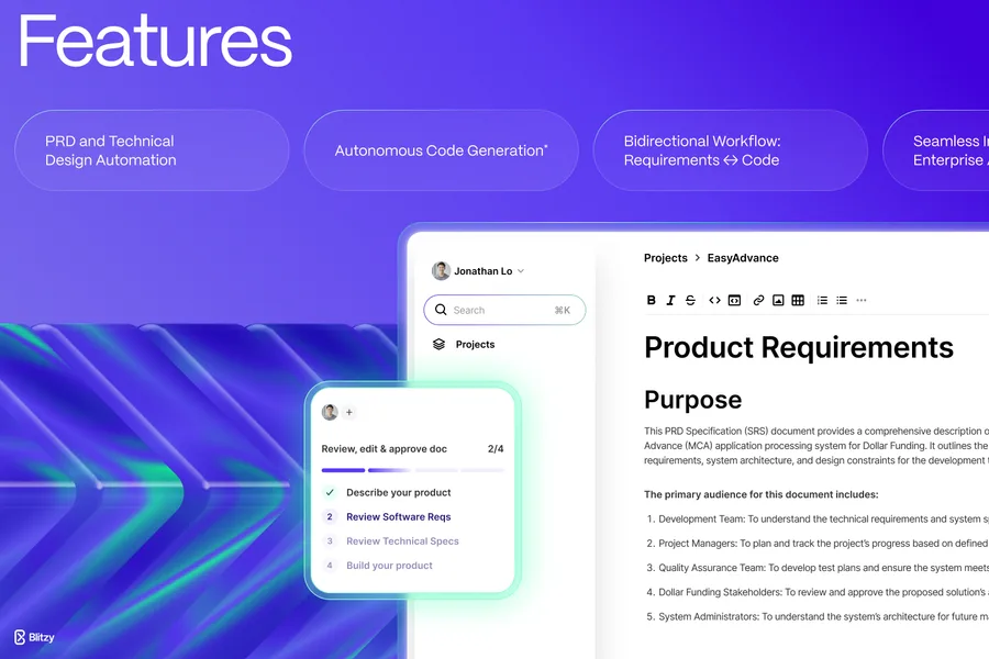 A deck slide, Features, over a purple-to-mint 3D ribbon render, with the product's document-review screen and its four-step checklist floating on top.