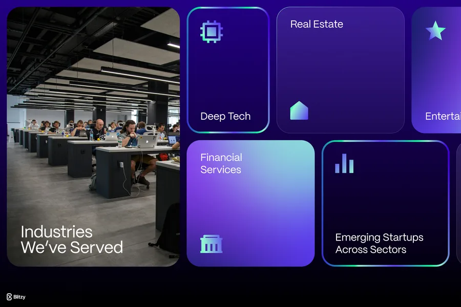 A deck slide, Industries We've Served, an open-plan dev office photo beside a six-tile gradient grid: Deep Tech, Real Estate, Entertainment, Financial Services, Emerging Startups, Insurance.