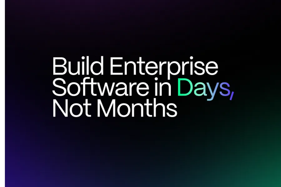 The dark purple-to-mint gradient side panel of Blitzy's own sign-up screen, carrying the line Build Enterprise Software in Days, Not Months.