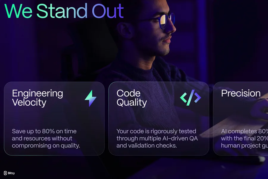 A deck slide, We Stand Out, over a moody photo of someone at a monitor: three glass cards reading Engineering Velocity, Code Quality and Precision.