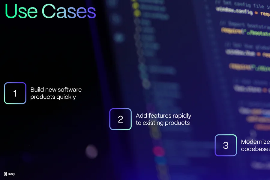 A deck slide, Use Cases, over a blurred photo of code on a monitor: three numbered claims, build new software products quickly, add features rapidly, modernize legacy codebases.