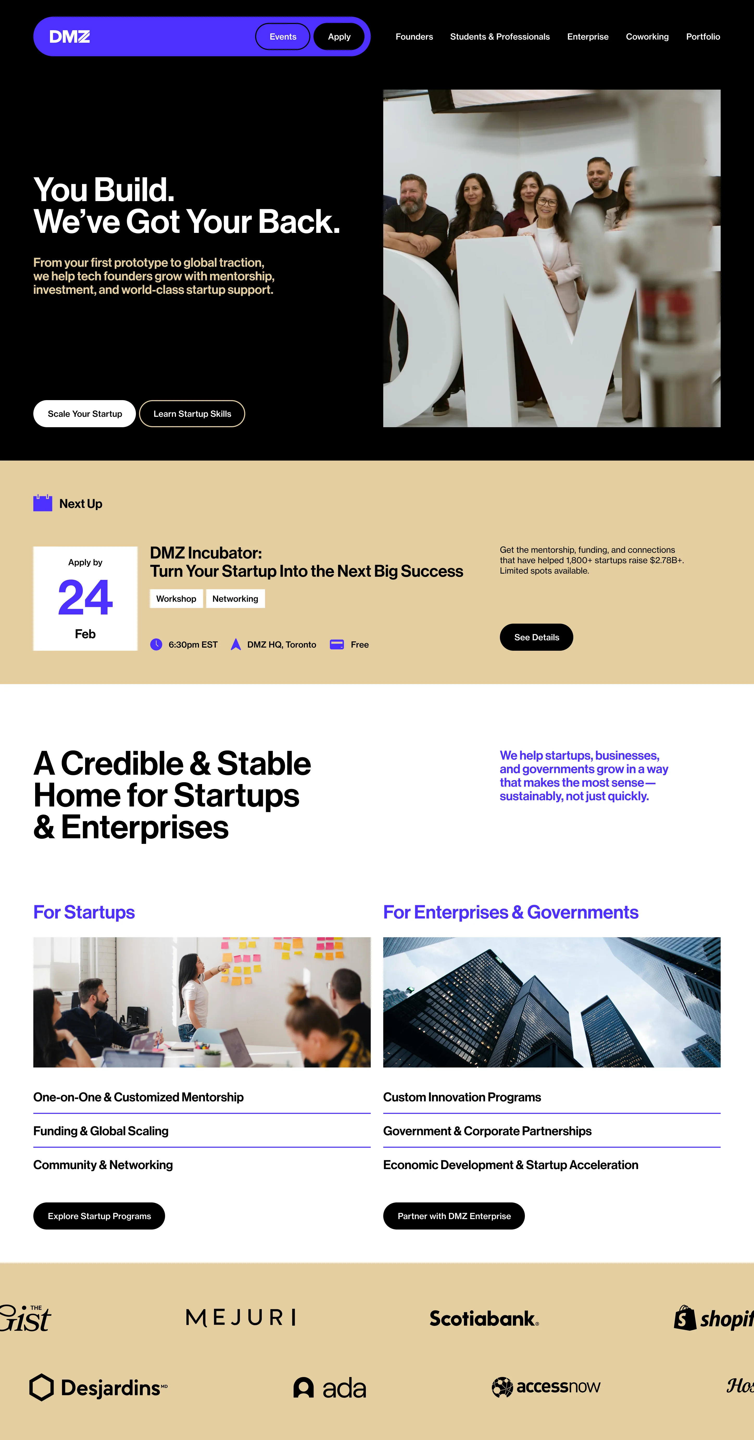 The DMZ homepage at desktop width, from the top: the black hero with the navigation pill and the display lockup, the Next Up band on camel, the audience split sorting startups from enterprises and governments, and the partner wall.