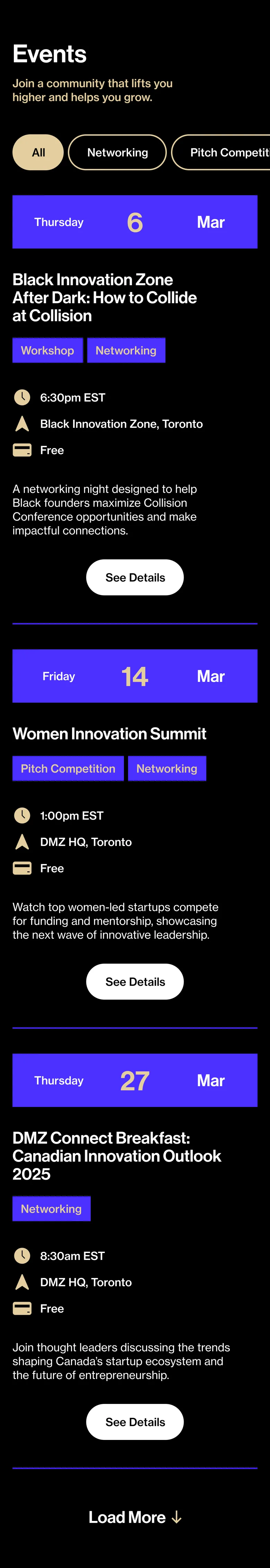 The Events list on a phone: the camel filter row running off the right edge, then a purple date band, the event title, its tags and its facts stacked.