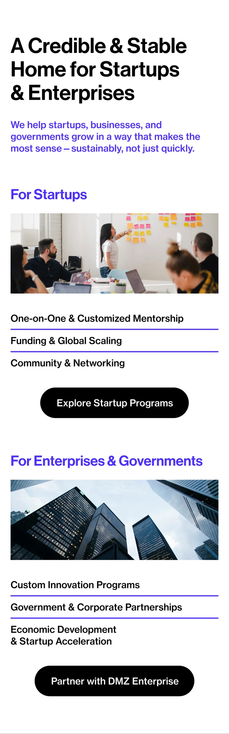 The audience split on a phone: the page sorting startups from enterprises and governments, each with its own list and photograph.