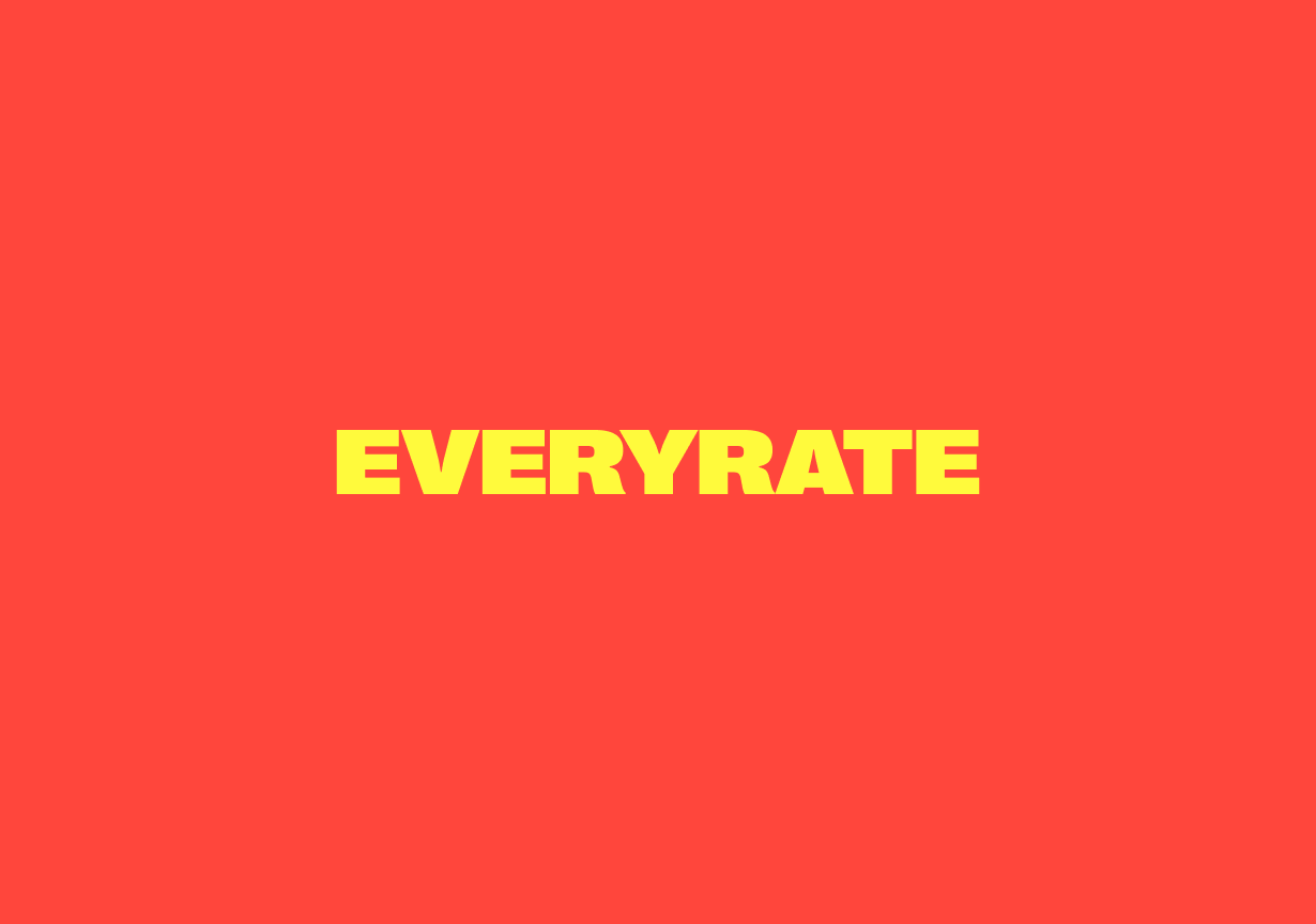 Everyrate logotype in yellow on a coral-red background