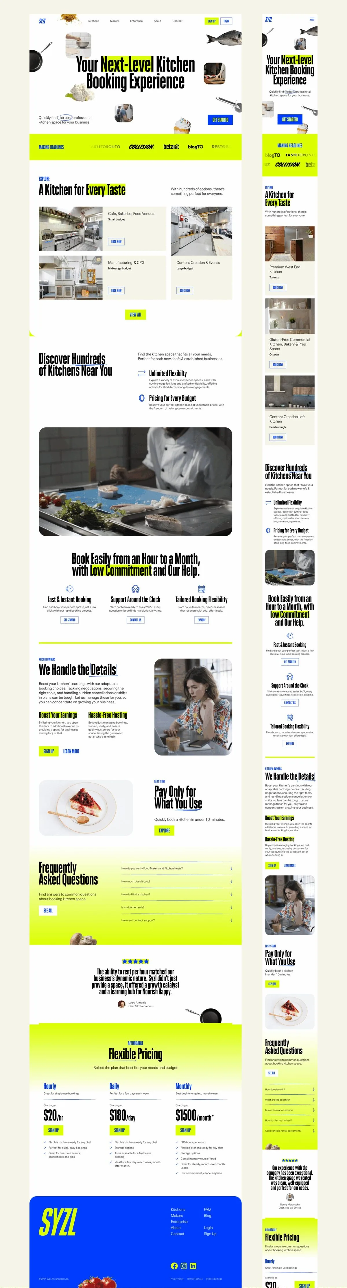 Full-length Syzl marketing website homepage, from the kitchen-booking hero through pricing tiers to the blue SYZL footer