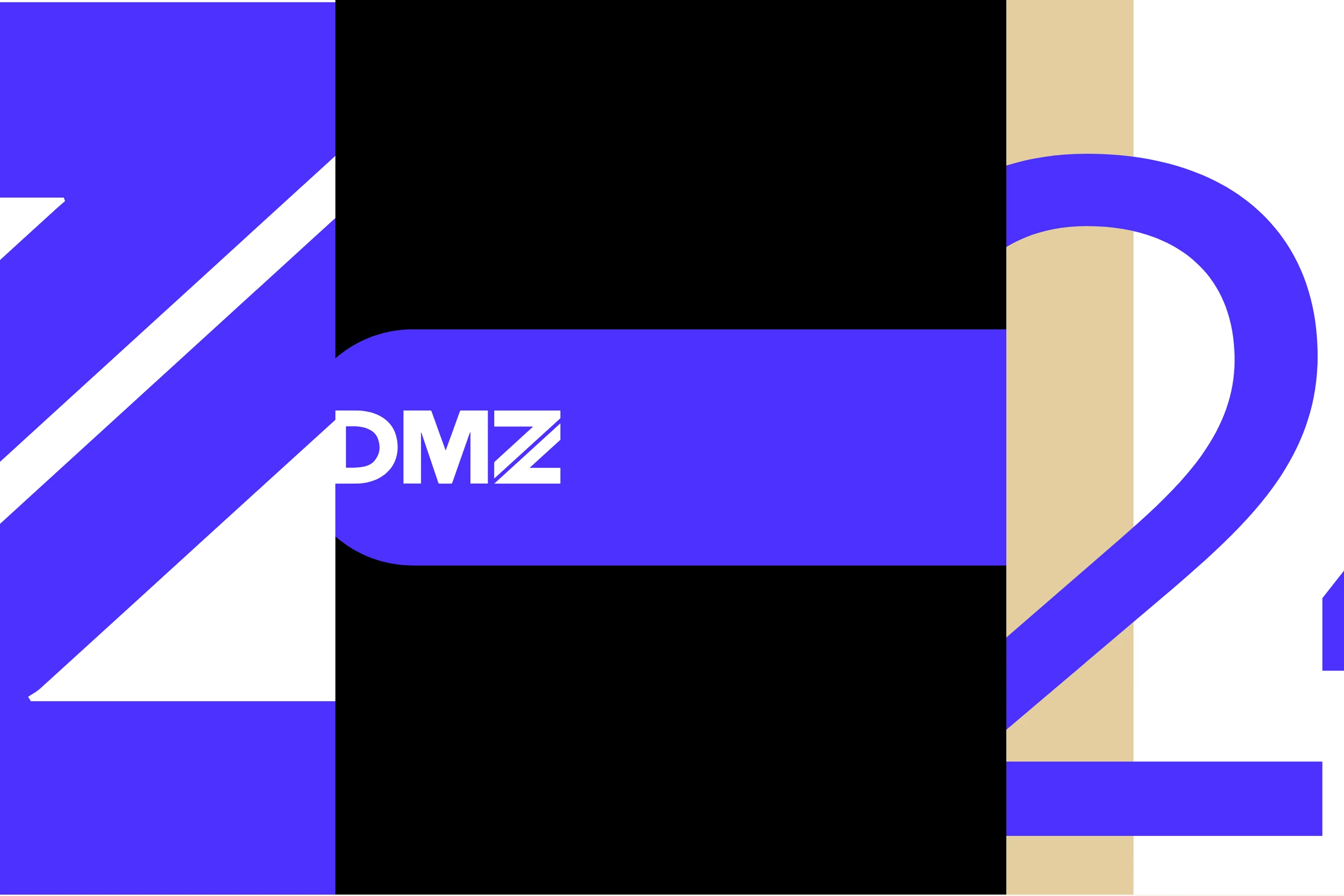 Three brand details cropped and butted together: an electric purple Z on white, the DMZ wordmark in white on a purple lozenge over black, and a purple 24 against camel and white stripes