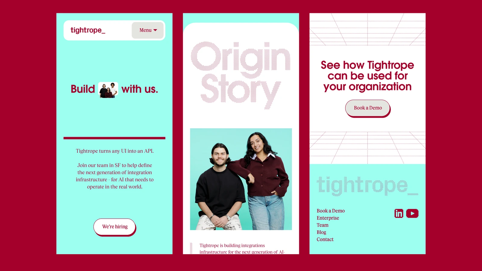 Three phone screens of the Tightrope site on the brand's deep red: the team page, the origin story and the footer