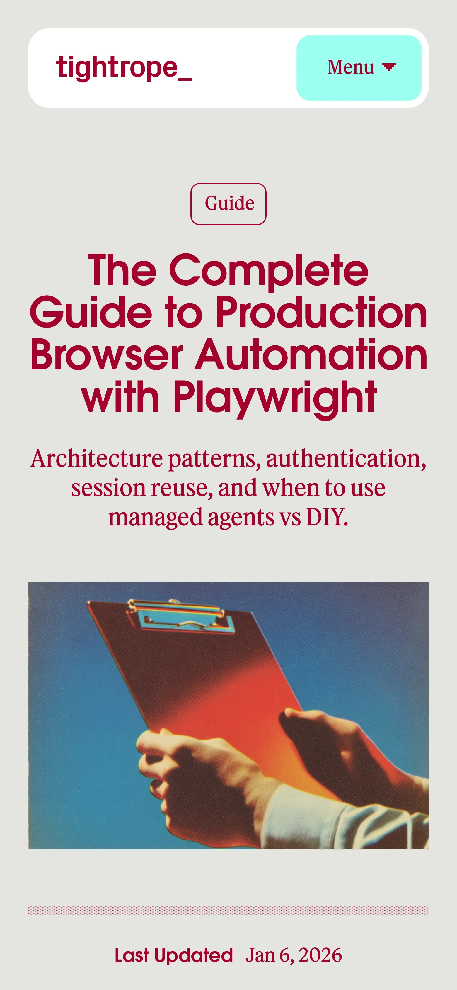 The article template on a phone: a technical guide opening with a Guide pill, a display headline, a serif standfirst and a retro collage cover image
