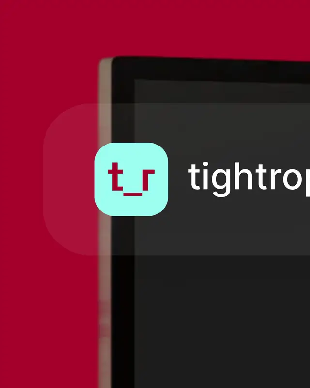 The t_r app icon beside the tightrope wordmark, on the corner of a device against red.