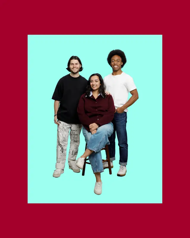 Three of the Tightrope team, cut out and standing on the identity's turquoise, the panel set on a deep red field.