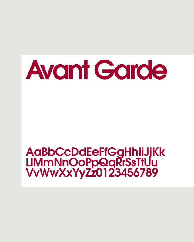 The type specimen: Avant Garde set in itself, above the full alphabet and figures, crimson on a white card.
