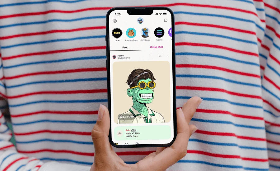 Person in striped shirt holding phone with Buzz interface on the screen